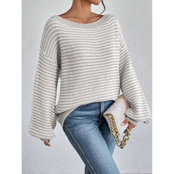 Women's Oversized Striped Sweater Fall Long Sleeve Knit Pullover Casual - Picture 4 of 5